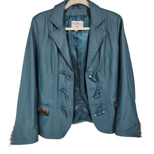 Pamela McCoy Women's Leather Jacket Toggle Closure Feather Details Blue Size XS